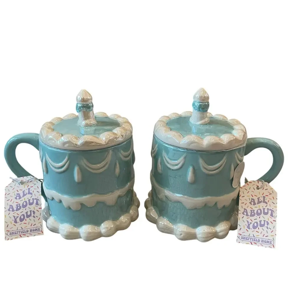 2pc Sheffield Home Hand Painted Blue Happy Birthday Cake Mug with Candle Lid New